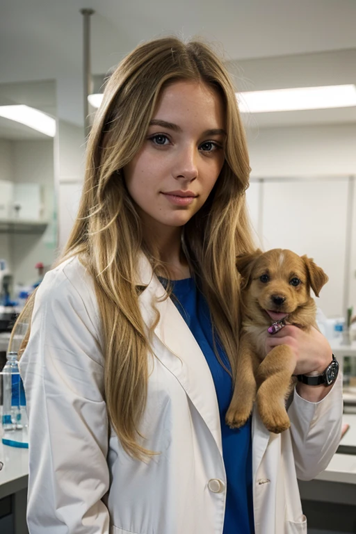 long hair, blonde woman, full lips, she is a scientist with a lab coat, she has a small watch, she works in a science lab, she always wants to know how you are doing and asks you questions, she must be holding a puppy and thinking how cute it is