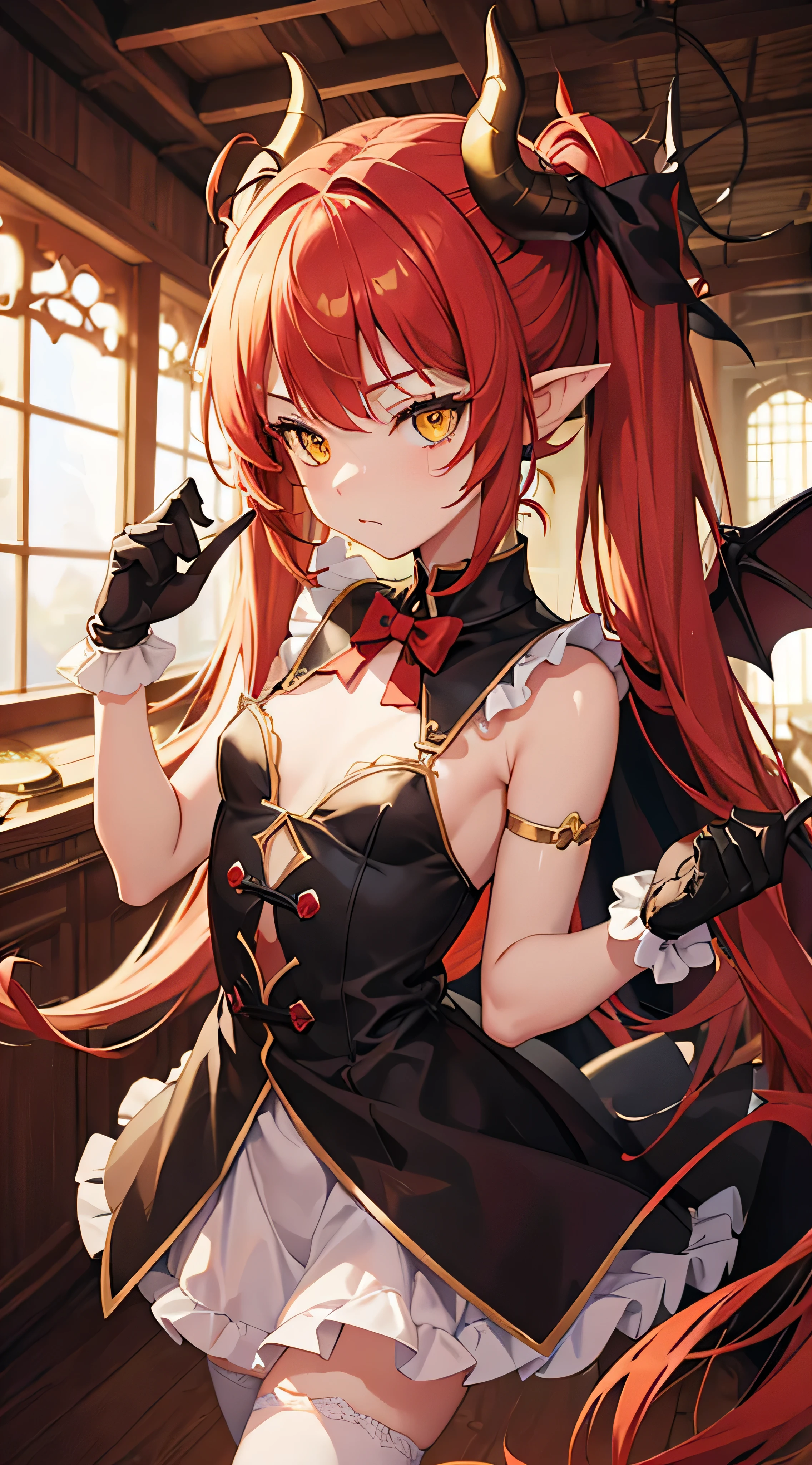 masterpiece, best quality, 1girl, solo, yellow eyes, red hair, small breast, demon girl, demon tail, demon wings, small demon horns, pointy ears, (small breast), (flat chest), twintails, bat hair ornament, cape, white shirt, white legwear, stuffed toy, stuffed animal toy, beret, gloves, bangs, hat