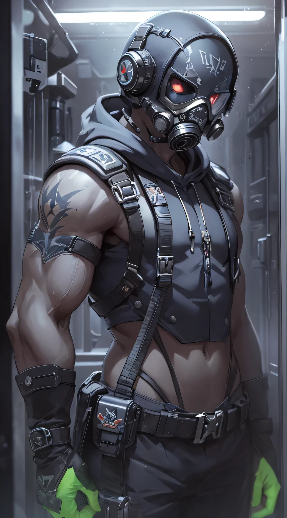 top-quality、Top image quality、masterpiece、charicature((Black spacesuit、gas masks、Hold an assault rifle、well-muscled、Green glowing body line、terror)),hiquality、Beautiful Art、Background with((Inside the spacecraft、dark ilumination、Dark smoke、broken cable))、masutepiece、Elaborate design、visualart、Perfect Art、Horror movie style