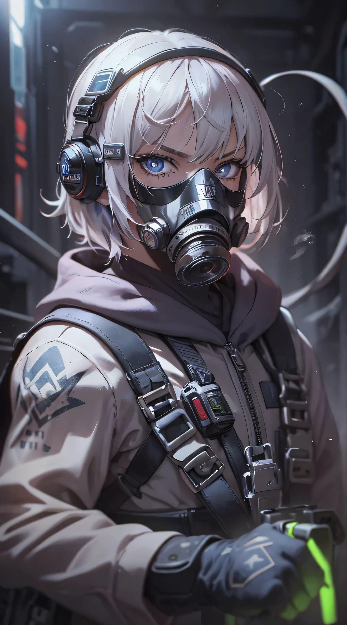 A man with gas mask with neon lights, looking at the viewer, side eye, white hood, gas mask, gas mask orange lights, X-shaped eyes, X-shaped eyes glowing orange, black gloves, white hood, bloodstained clothes, white clothes with blood, white coat, white vest --auto --s2