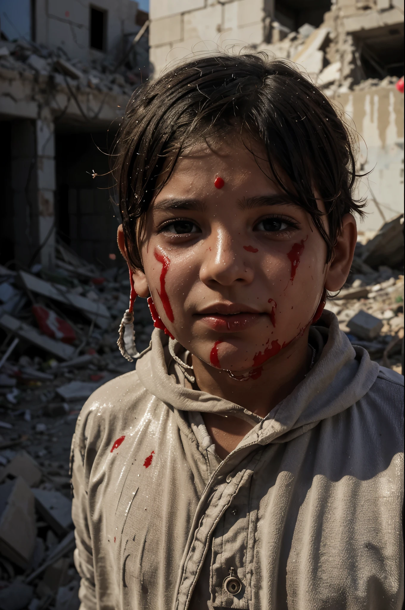 Dead Palestinian child covered in dust particules and blood dripping down his face, located in gaza with a pile of rubble in the background