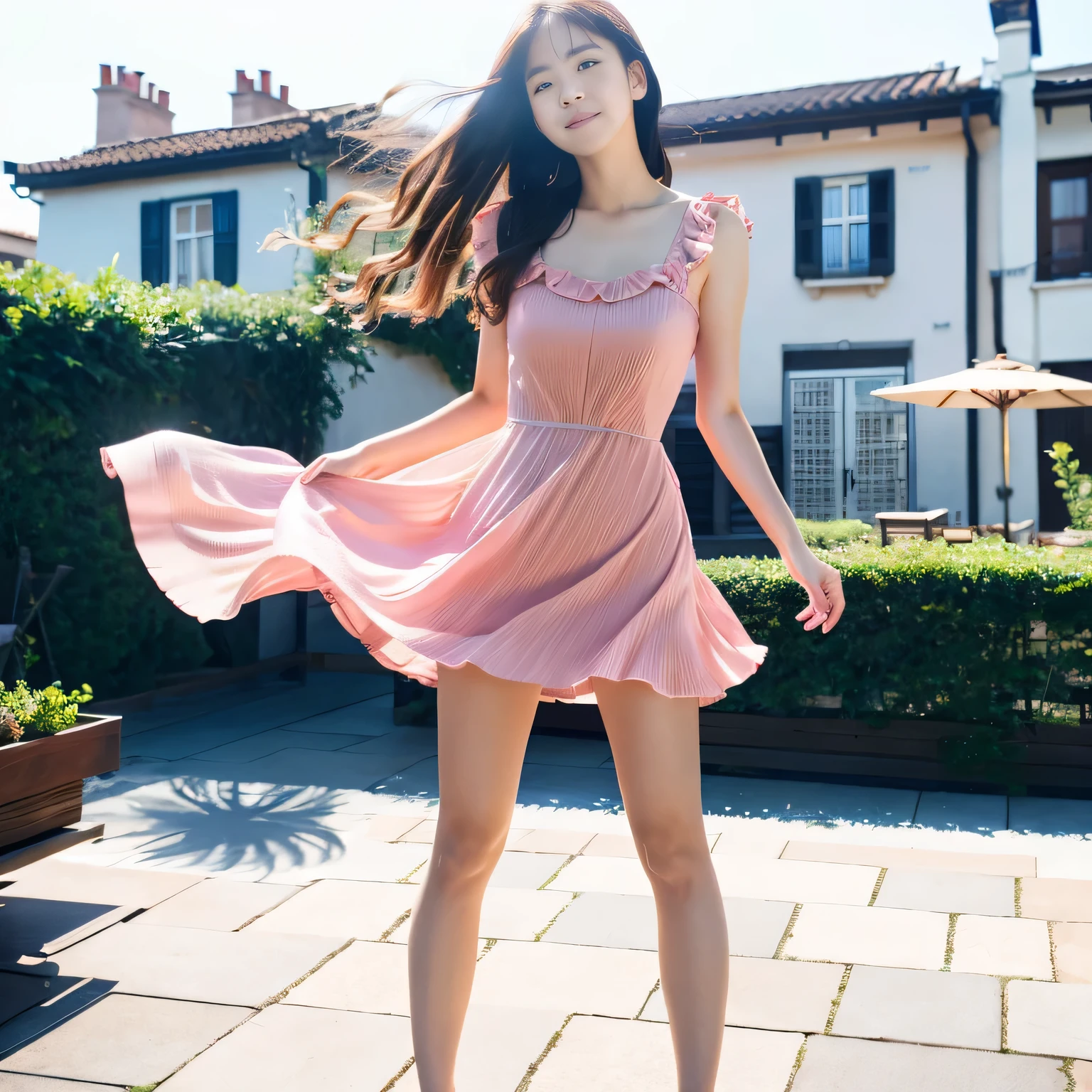 (top-quality、8K、32K、​masterpiece、nffsw:1.2)、,a close up of a woman in a dress on a balcony, opened dress, in a dress, waist high, photo of slim girl model, thin waist, 奈良美智, loli in dress, waist - shot, Young Pretty Gravure Idol, translucent  dress, sophisticated gravure idol, Wearing a pink dress, sexy dress,(wind lift:1.6)、full body Esbian、the wind、城市、outside of house