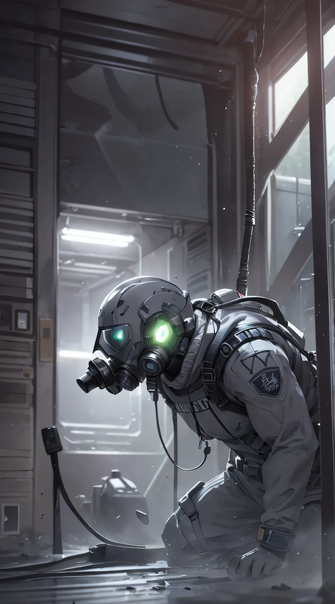 top-quality、Top image quality、masterpiece、charicature((Black spacesuit、gas masks、Hold an assault rifle、well-muscled、Green glowing body line、terror)),hiquality、Beautiful Art、Background with((Inside the spacecraft、dark ilumination、Dark smoke、broken cable))、masutepiece、Elaborate design、visualart、Perfect Art、Horror movie style