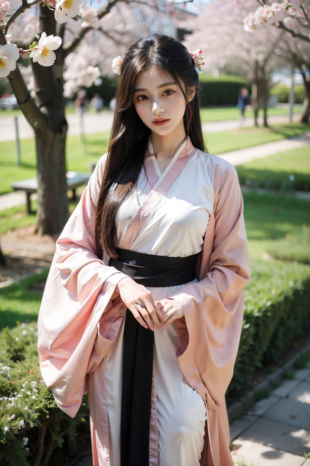 girl，Hanfu，The clothes are fluttering，Under the peach blossom tree