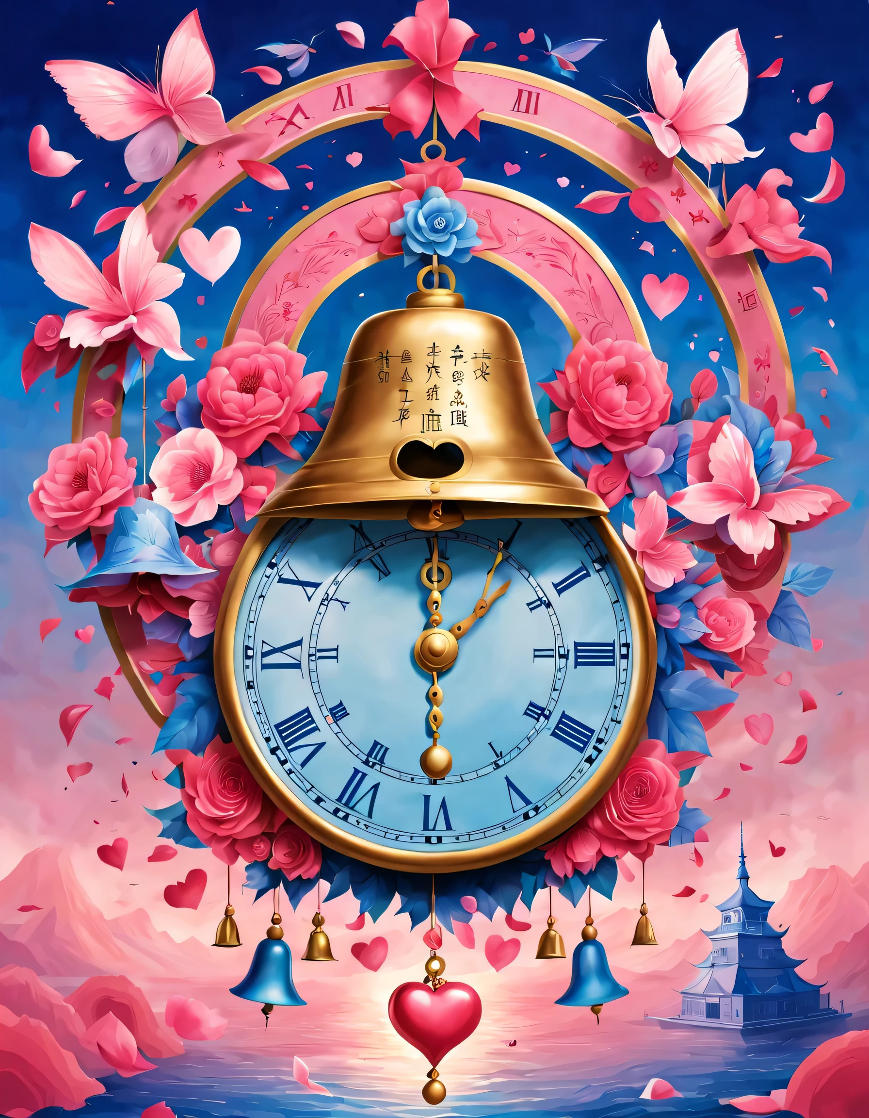 Mainly pink and blue,Represents memories and hopes。In the center of the poster,design a bell,Hour and minute hands point to 12 o'clock'bell'bell,Represents the arrival of the New Year。Above and below the bell depict scenes from the past and the future respectively.,There is a heart connected in the middle。