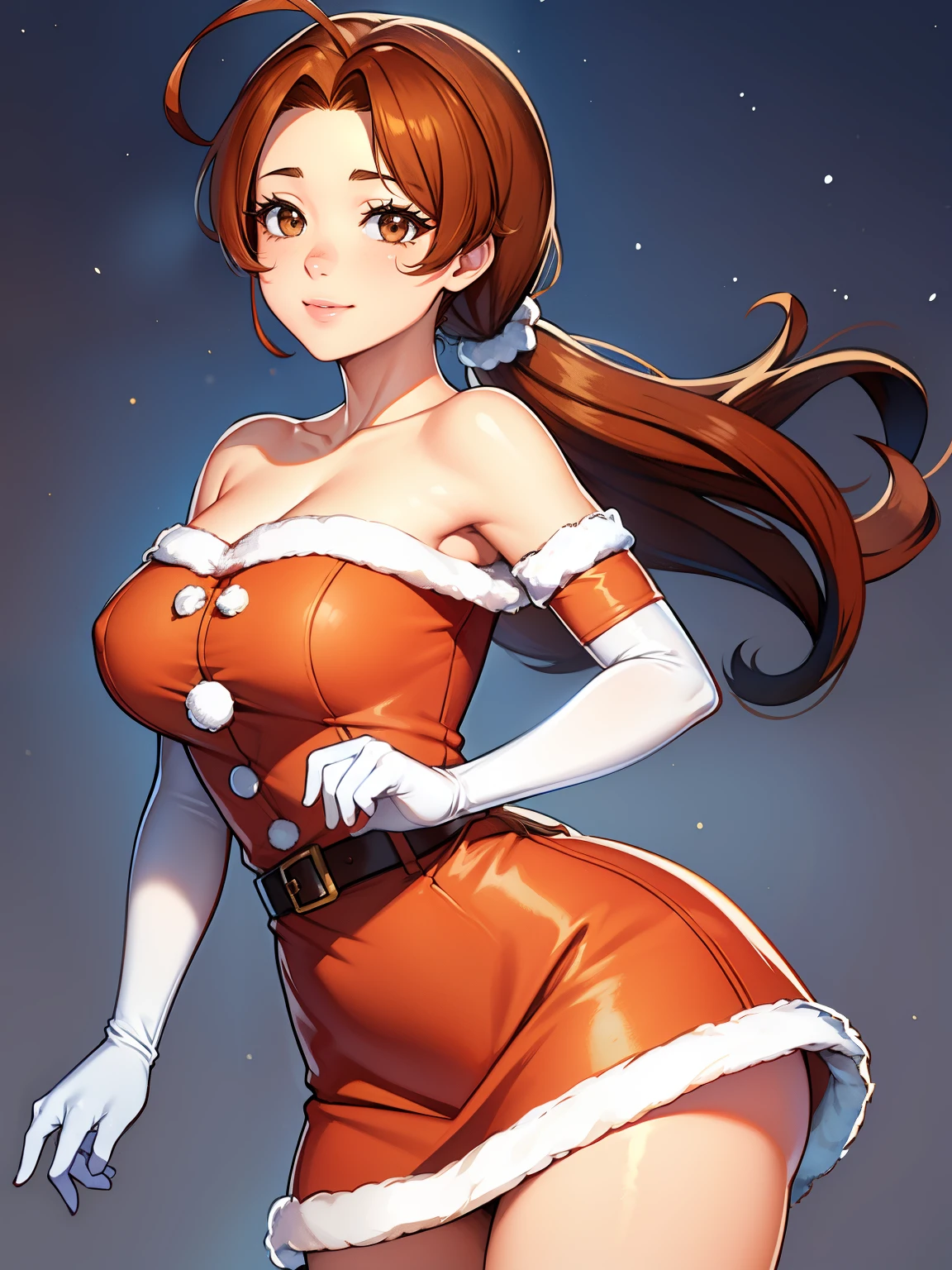 1girl, solo, masterpiece, best quality, high res, highly detailed, (illustration), beautiful detailed eyes, deliaketchum, brown hair, (brown eyes:1.7), parted bangs, (ahoge:1.5), ponytail, low ponytail, ,glossy lips, light makeup, warm smile, long white satin elbow gloves ,cowboy shot, (santa), red santa dress, full body, elbow white gloves, long white gloves, sexy poses