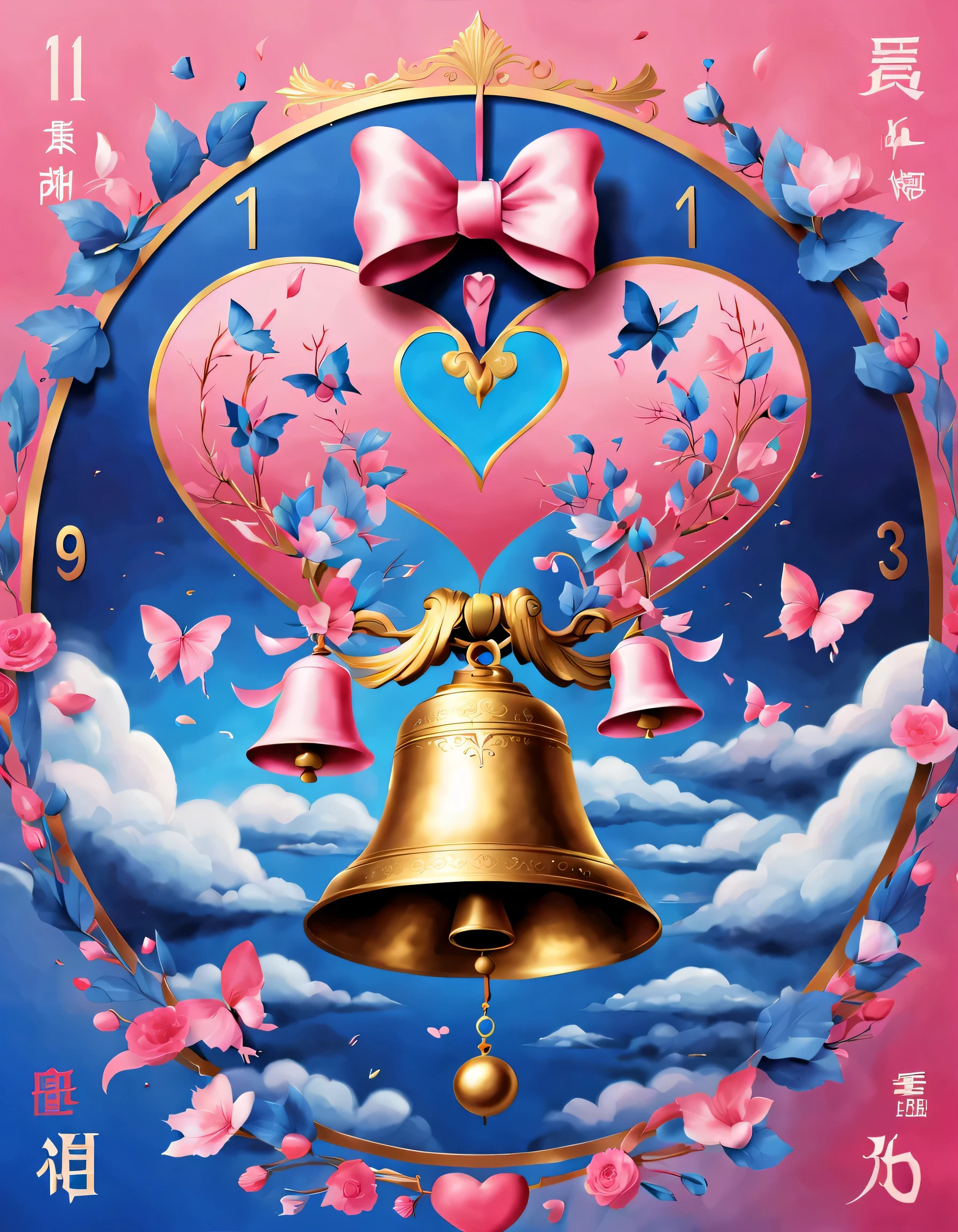 Mainly pink and blue,Represents memories and hopes。In the center of the poster,design a bell,Hour and minute hands point to 12 o'clock'bell'bell,Represents the arrival of the New Year。Above and below the bell depict scenes from the past and the future respectively.,There is a heart connected in the middle。