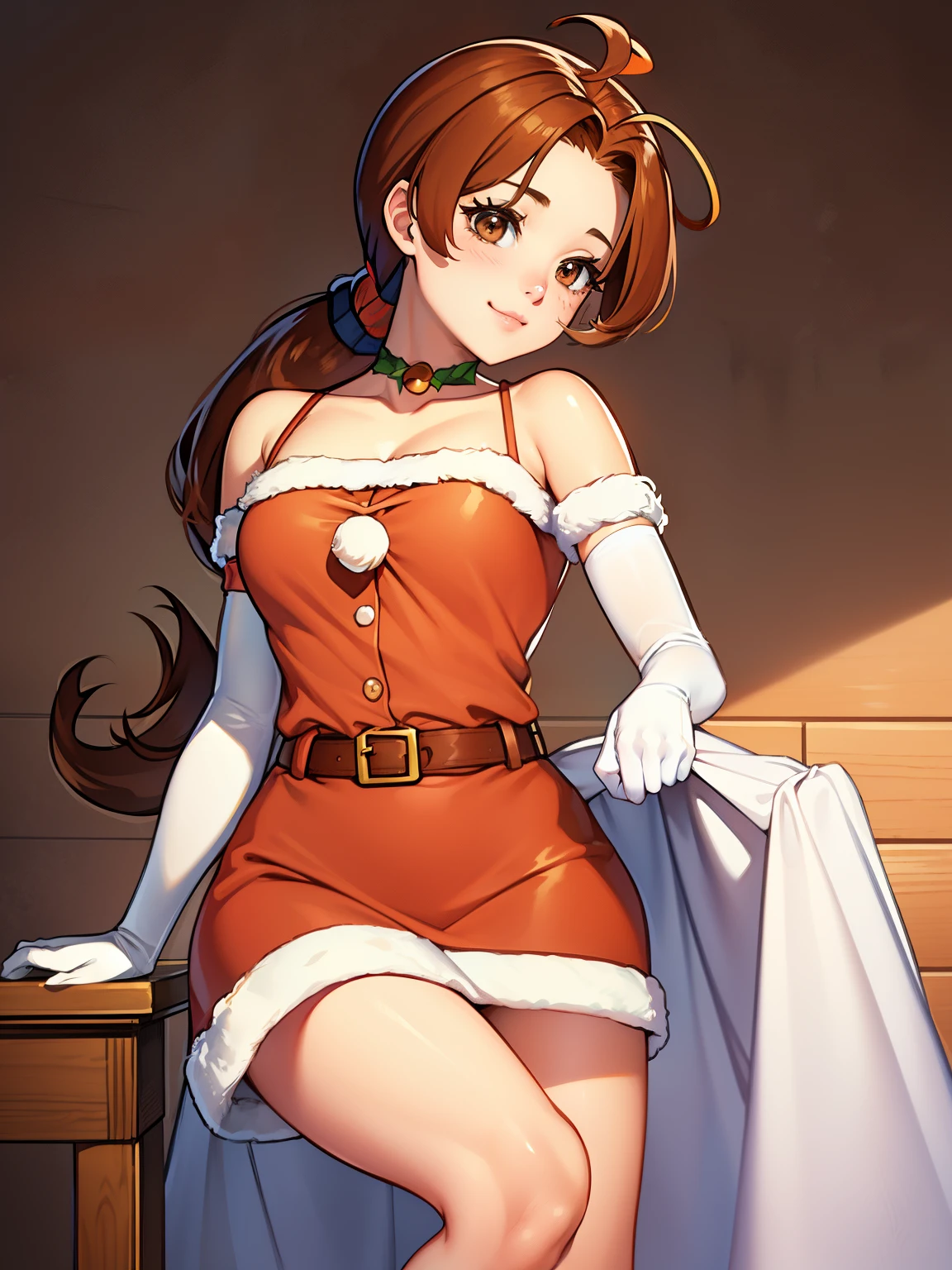 1girl, solo, masterpiece, best quality, high res, highly detailed, (illustration), beautiful detailed eyes, deliaketchum, brown hair, (brown eyes:1.7), parted bangs, (ahoge:1.5), ponytail, low ponytail, ,glossy lips, light makeup, warm smile, long white satin elbow gloves ,cowboy shot, (santa), red santa dress, full body, elbow white gloves, long white gloves