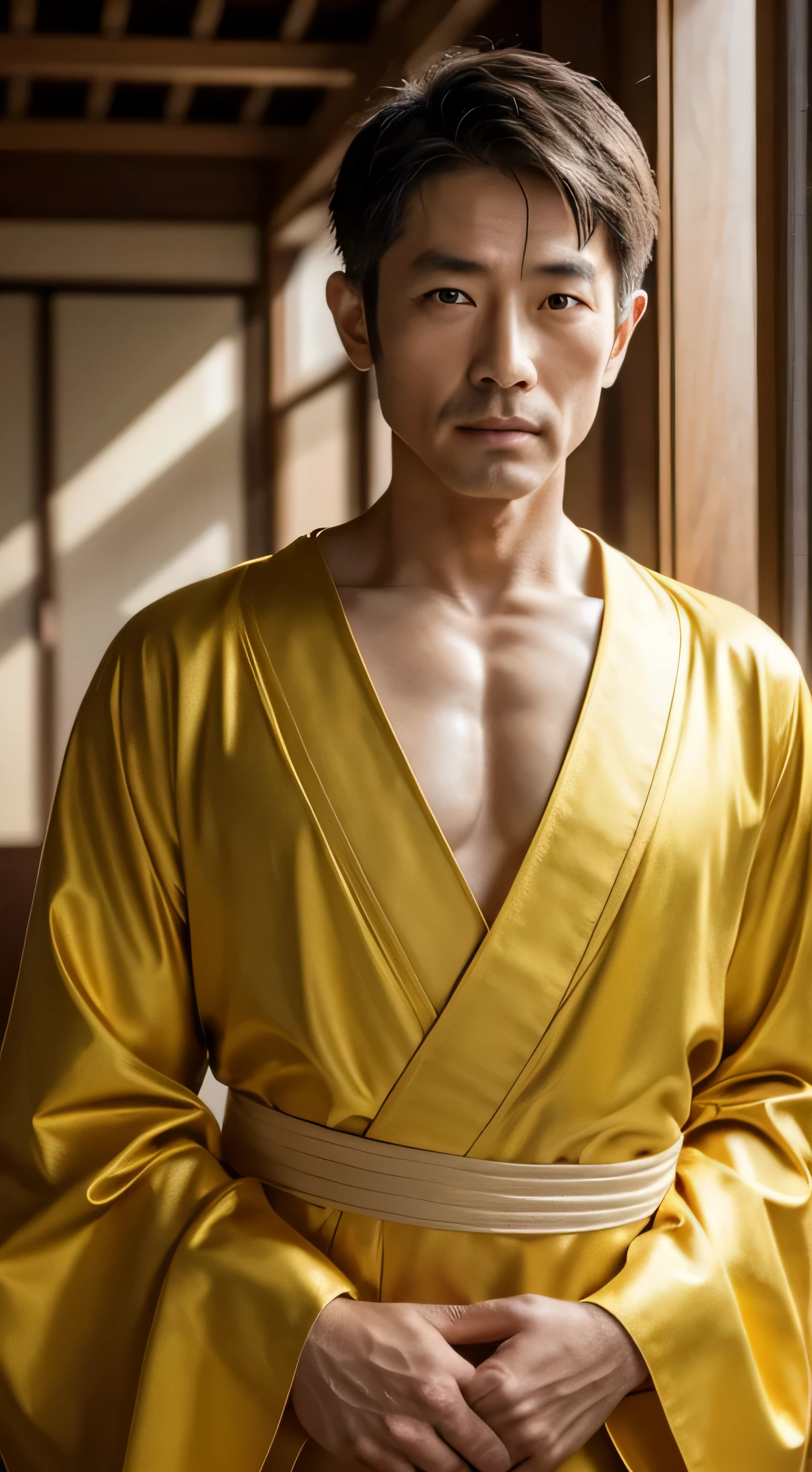 japanese male, A man of 30 years wearing a golden kimono, Upper body,Body and head straight in the photo, Facing the viewer of the photo, Eyes fixed on the lens, You will see the shoulders and head in the photo, The man in the center of the photo, 8K, Best Quality, masutepiece, Realistic, Realistic photo, Cinematic Photography, ultra Realistic, 1 person, Detailed, perfect golden lighting, DSRL, professional photograpy, 4K, Short hair, Masculine Short hair, Stand straight