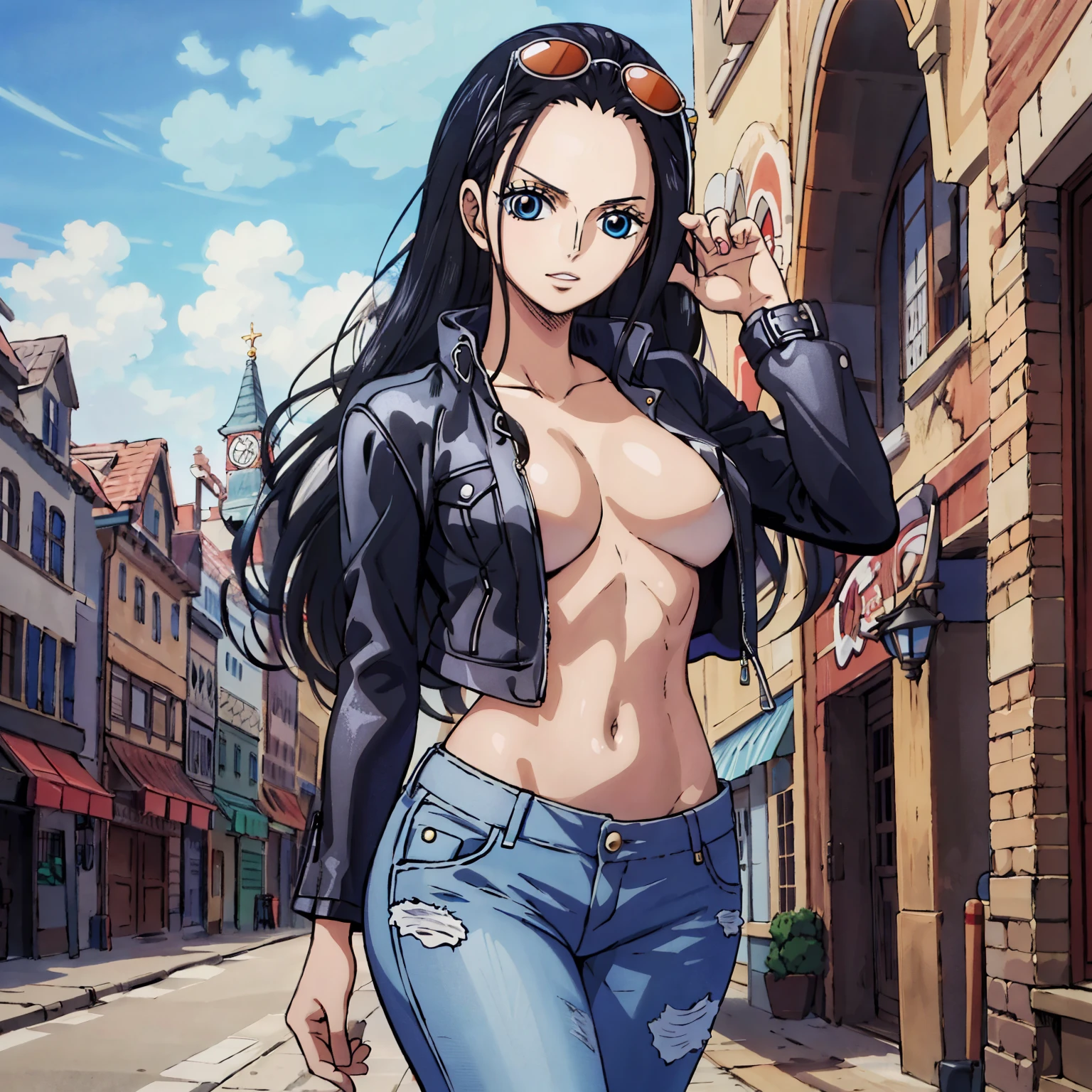 2d anime, woman, nico robin from one piece, street, long black hair, sunglasses on head, jeans, leather open jacket, cleavage, stomach, posing, sexy, fair skin, (best quality, masterpiece, highres, ultra detailed),