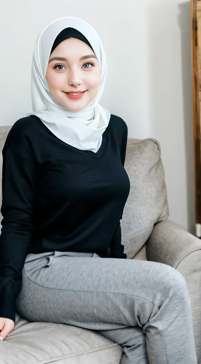1 Girl, Beautiful, Russian 28 Years Old, White Skin, Hijab, wearing black shirt and sweater, grey long pants, Big Chest, looking directly at the camera, sitting in a sofa, Smiling, Full body: 1.2