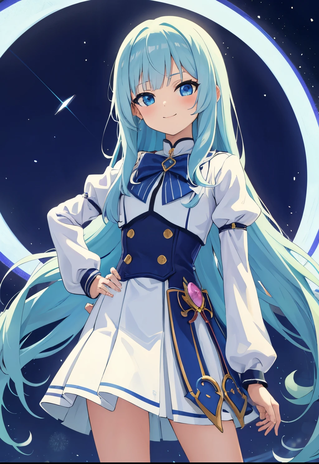 Winters.girl with.light Blue hair.long hair.Magical girl costume.a junior high school student.magic circles.short stature.a smile.Look at viewers.put hands on the hip