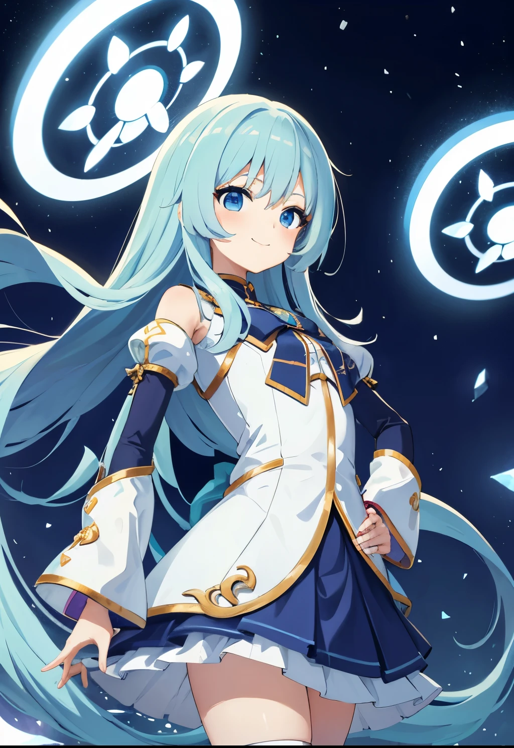 Winters.girl with.light Blue hair.long hair.Magical girl costume.a junior high school student.magic circles.short stature.a smile.Look at viewers.put hands on the hip