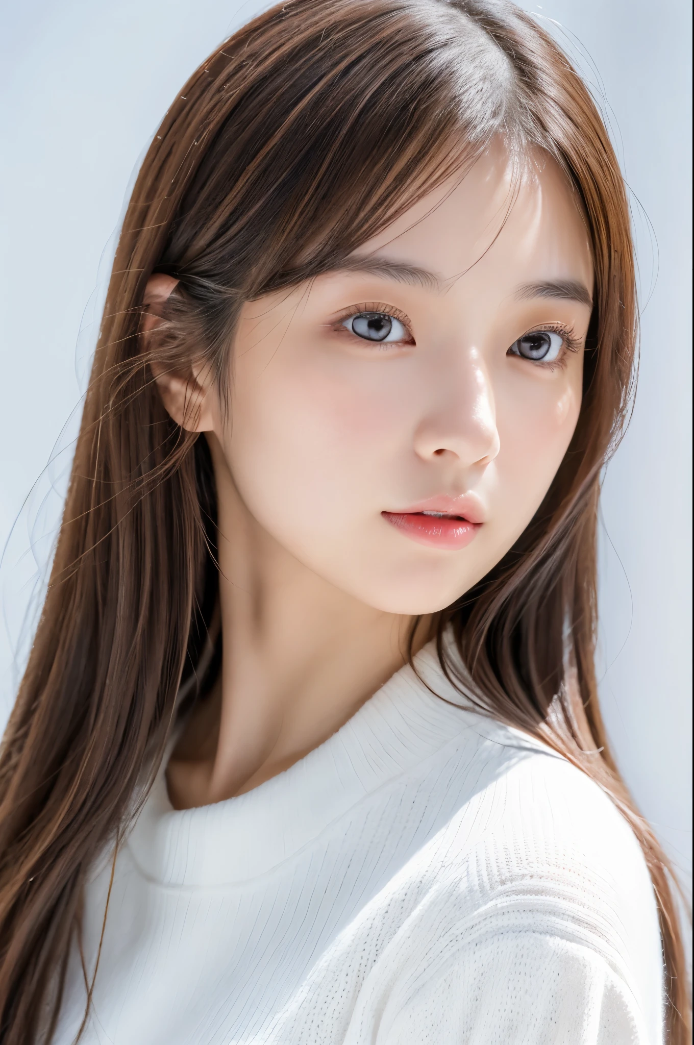 Young japanese lady, 30s, White background, It features a simple背景, white-brown hair, slender, 4K, in 8K, High quality, Beauty, Beautiful eyes, It features a simple, High resolution,1 person,Beautiful skins,Beautiful skin,wearing a white knit,Winters,lipsticks