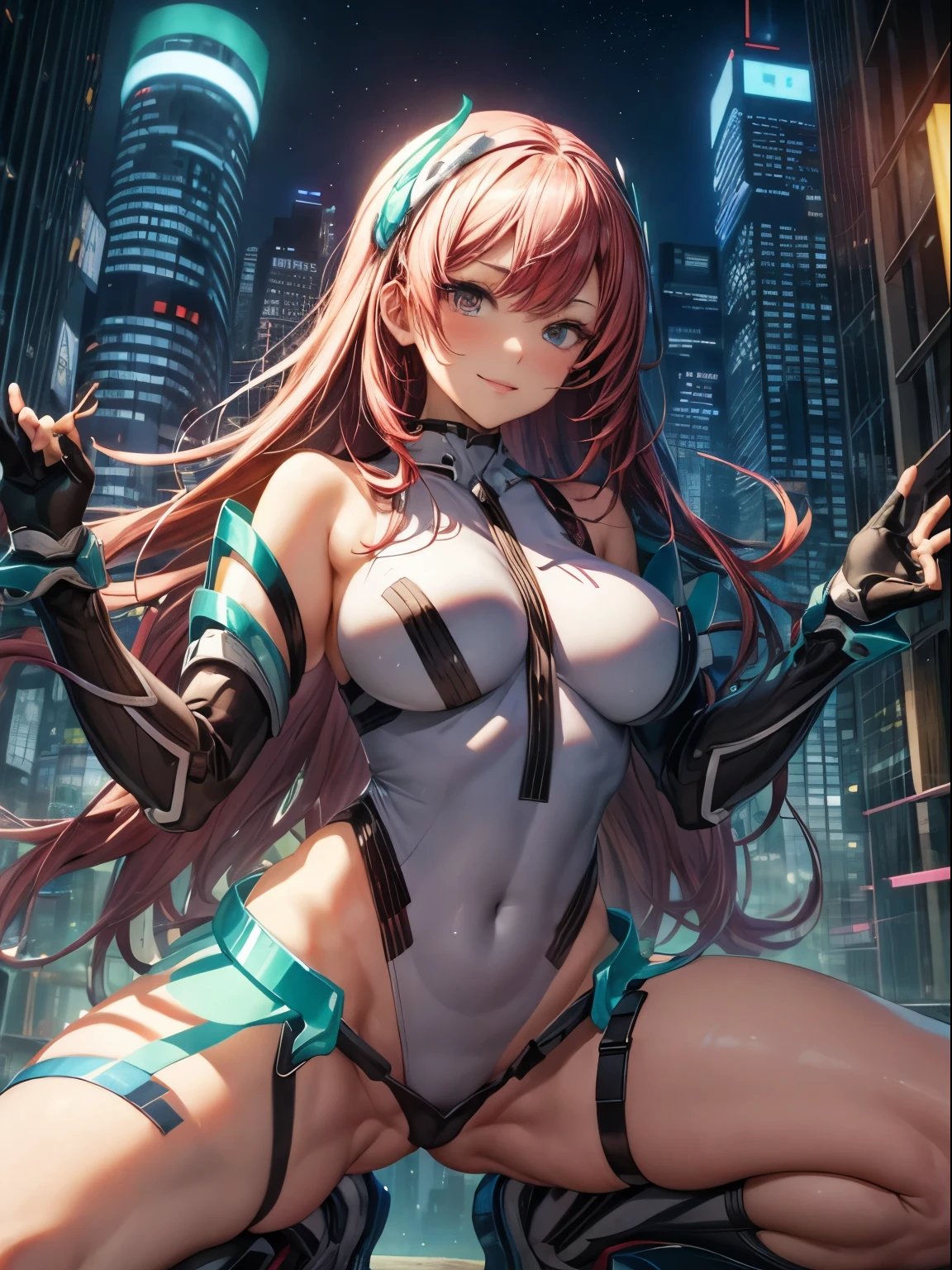 top-quality、Full limbs、complete fingers、one beautiful women、Beautiful busty woman、Women with straight hair、((Woman with red hair))、deva battle suit、Naughty Poses、A big smile、night skyscraper、squatting