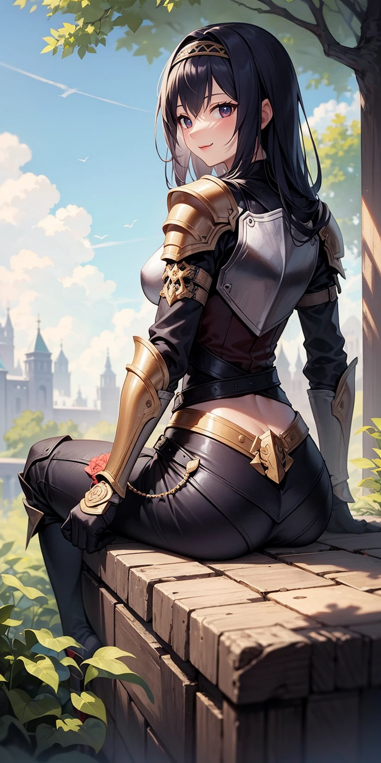 Sitting, pretending to hold a small kitten,from behind,gwendolyn,smile,,headband, armor, breastplate, pants,, gloves, pauldrons, gauntlets, looking at viewer, shoulder armor,outdoors,cattle,(masterpiece, best quality, ultra-detailed, best shadow)