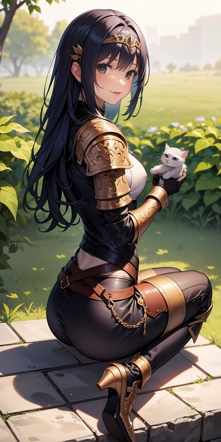 Sitting, pretending to hold a small kitten,from behind,gwendolyn,smile,,headband, armor, breastplate, pants,, gloves, pauldrons, gauntlets, looking at viewer, shoulder armor,outdoors,cattle,(masterpiece, best quality, ultra-detailed, best shadow)