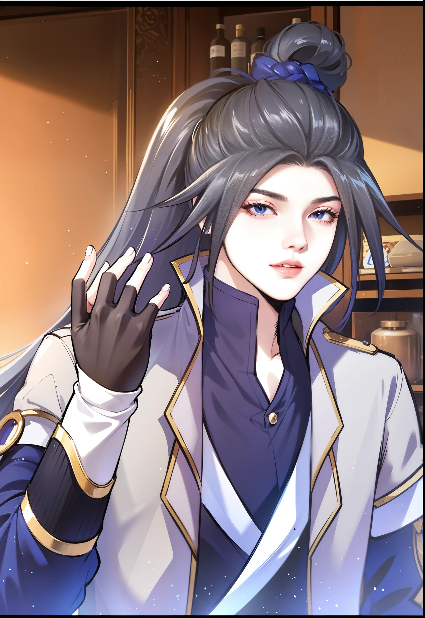 solo person,Anime boy with black hair and black clothes,male people,Song dynasty,longer sleeves,Sharp black eyes,high ponytails, style anime, handsome anime pose, male people动漫人物, 8K!
