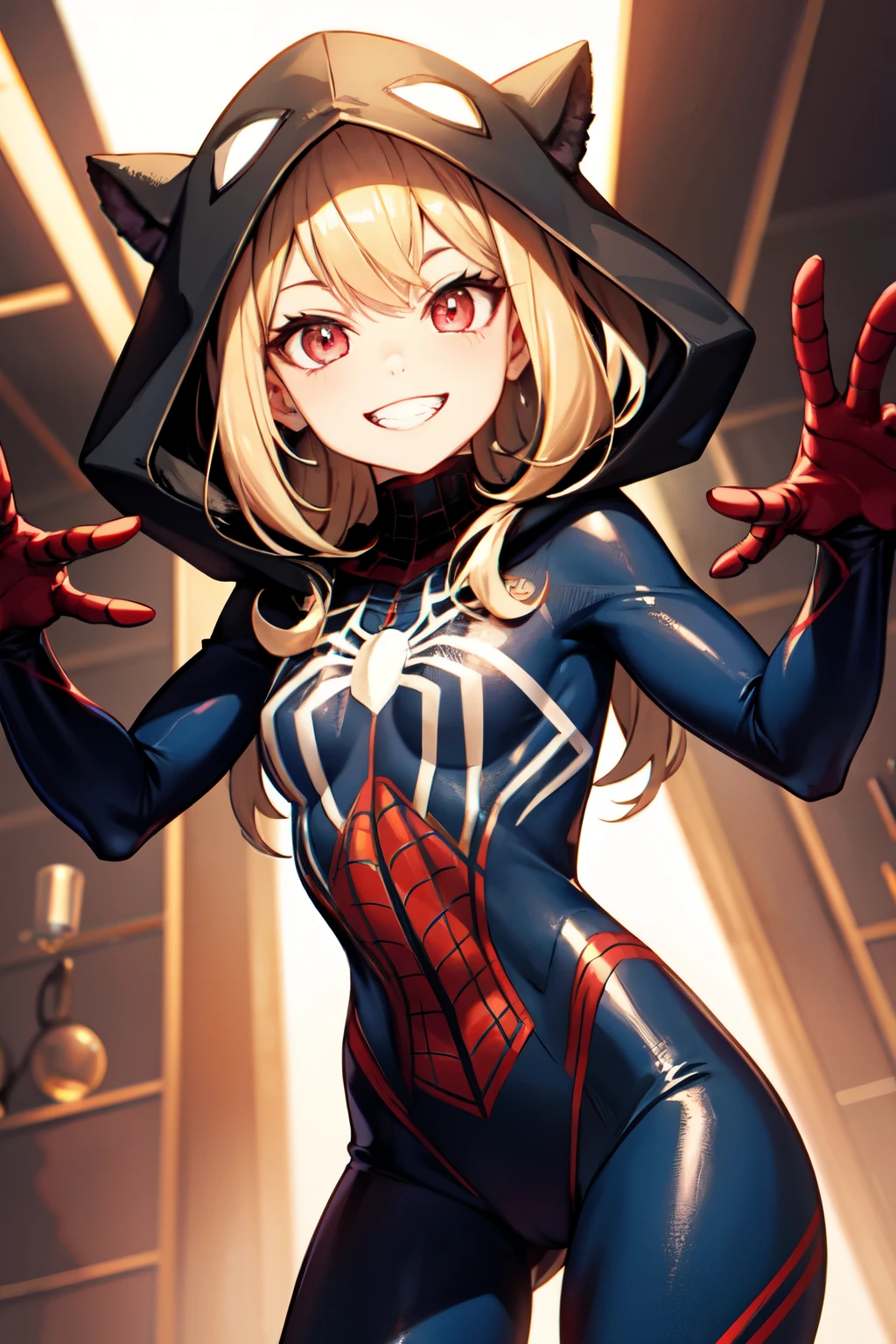 Spider-woman, hooded, glowing eyes, light brown skin, long fluffy hair, smiling, teeth gap, six arms, four eyes