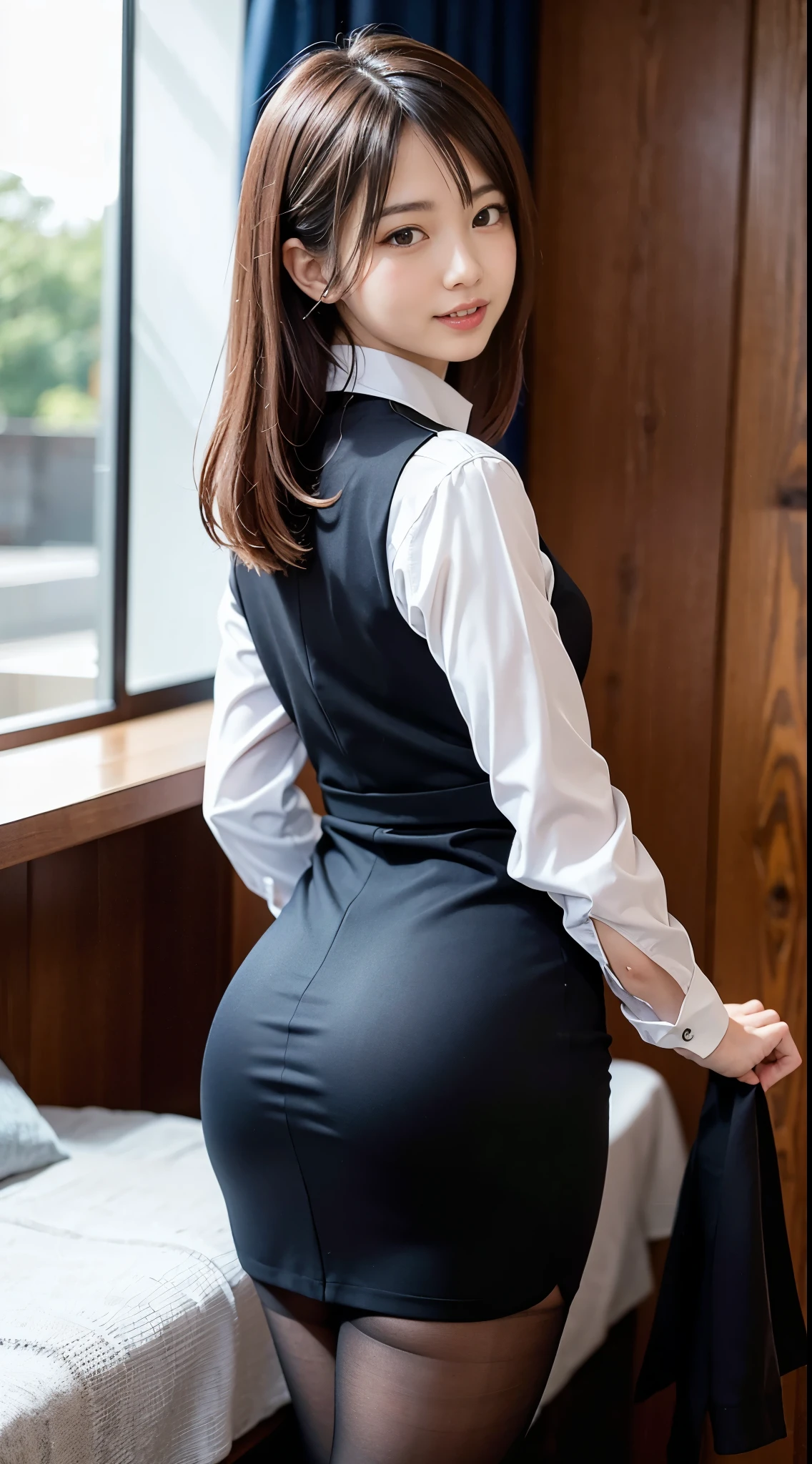 There is a woman in a skirt posing in a room, Office Clothes, Cute 19 year old woman, 厳格なwith a business suit on, japanaese girl, The best smile，with a business suit onいる, business clothes, with a business suit on, tight outfit, wearing a super mini tight suit, Wearing a business suit, in a strict suit, Business attire, businesswoman, Back Pose，buttocks half exposed，Black stockings，Black panties，