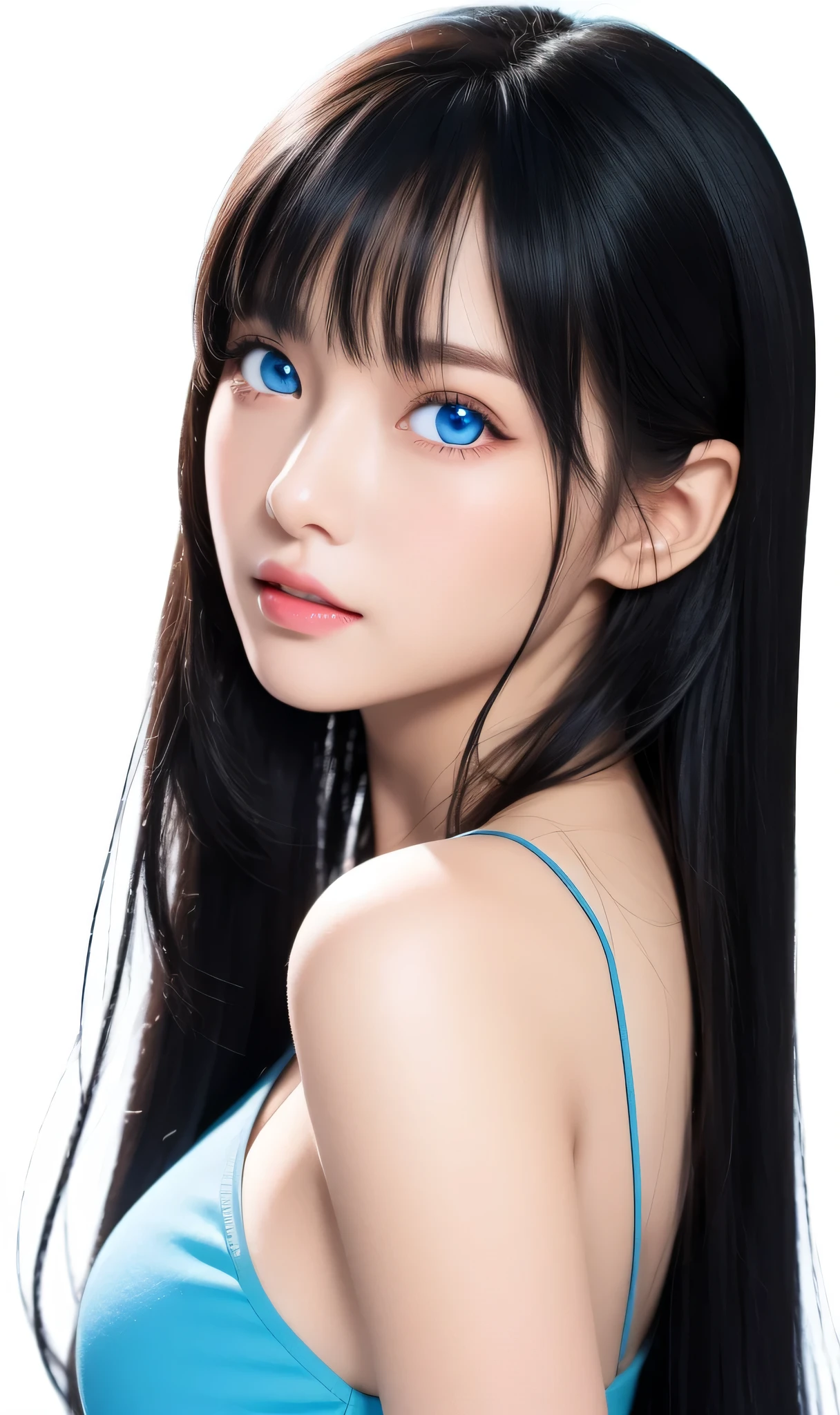 One of them is wearing a blue shirt、Close-up of woman with long black hair, with vivid blue eyes, photorealistic anime girl rendering, blue shining eyes, realistic young anime girl, skyblue eyes, realistic anime 3D style, Perfect blue eyes, Realistic anime art style, a stunning anime face portrait, Realistic anime art style, vivid blue eyes, 3 d anime realistic