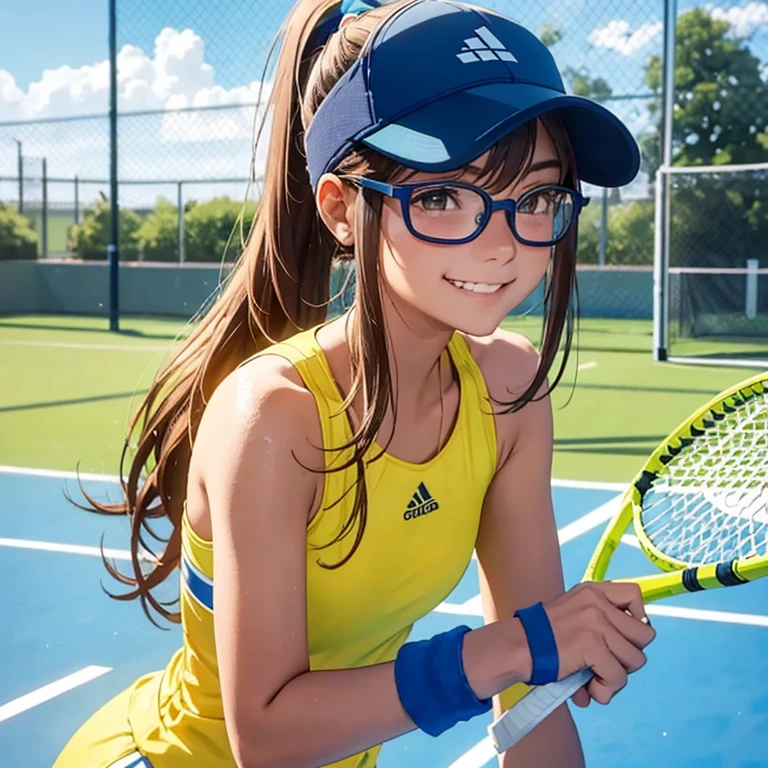 Beautiful female tennis player, , long hair in a ponytail,,, bangs, eyeglasses, open head hat, Wristband, bright smile, Tennis practice, at the tennis court, Yellow and blue tennis outfit, anime