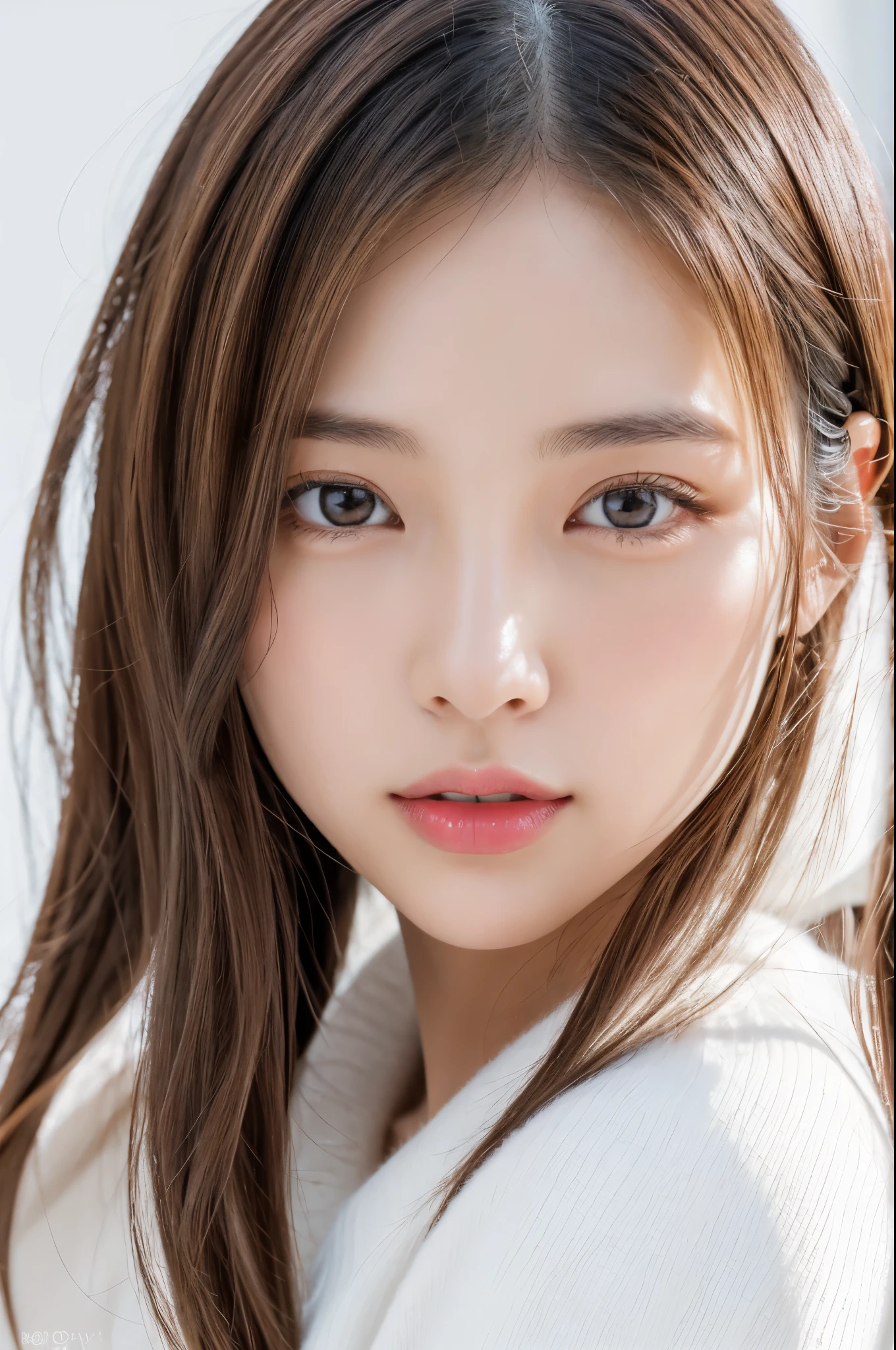 Young japanese lady, 30s, White background, It features a simple背景, white-brown hair, slender, 4K, in 8K, High quality, Beauty, Beautiful eyes, It features a simple, High resolution,1 person,Beautiful skins,Beautiful skin,wearing a white knit,Winters,lipsticks