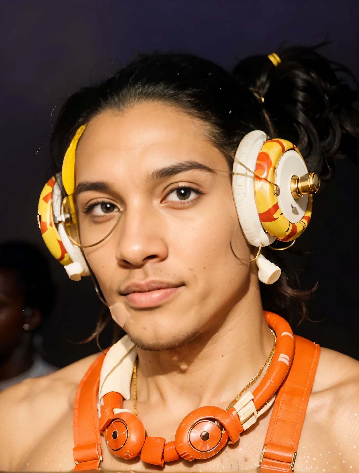 A realistic portrait of Usopp from one piece, one piece style, a young man, long curly hair, wearing large earphones in both ears, swimming goggles around his neck, eciro oda inspiration, one piece, usopp outfit, (((black skin))), (((come from africa))), Describe the image in detail, including the character's appearance, personality, and background, detailed face, detailed hair, detailed body, detailed eyes, detailed mouth, detailed nose, detailed ears, detailed charcter,