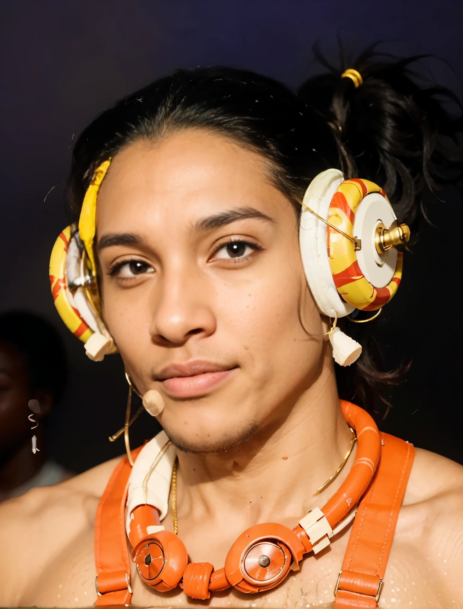 A realistic portrait of Usopp from one piece, one piece style, a young man, long curly hair, wearing large earphones in both ears, swimming goggles around his neck, eciro oda inspiration, one piece, usopp outfit, (((black skin))), (((come from africa))), Describe the image in detail, including the character's appearance, personality, and background, detailed face, detailed hair, detailed body, detailed eyes, detailed mouth, detailed nose, detailed ears, detailed charcter,
