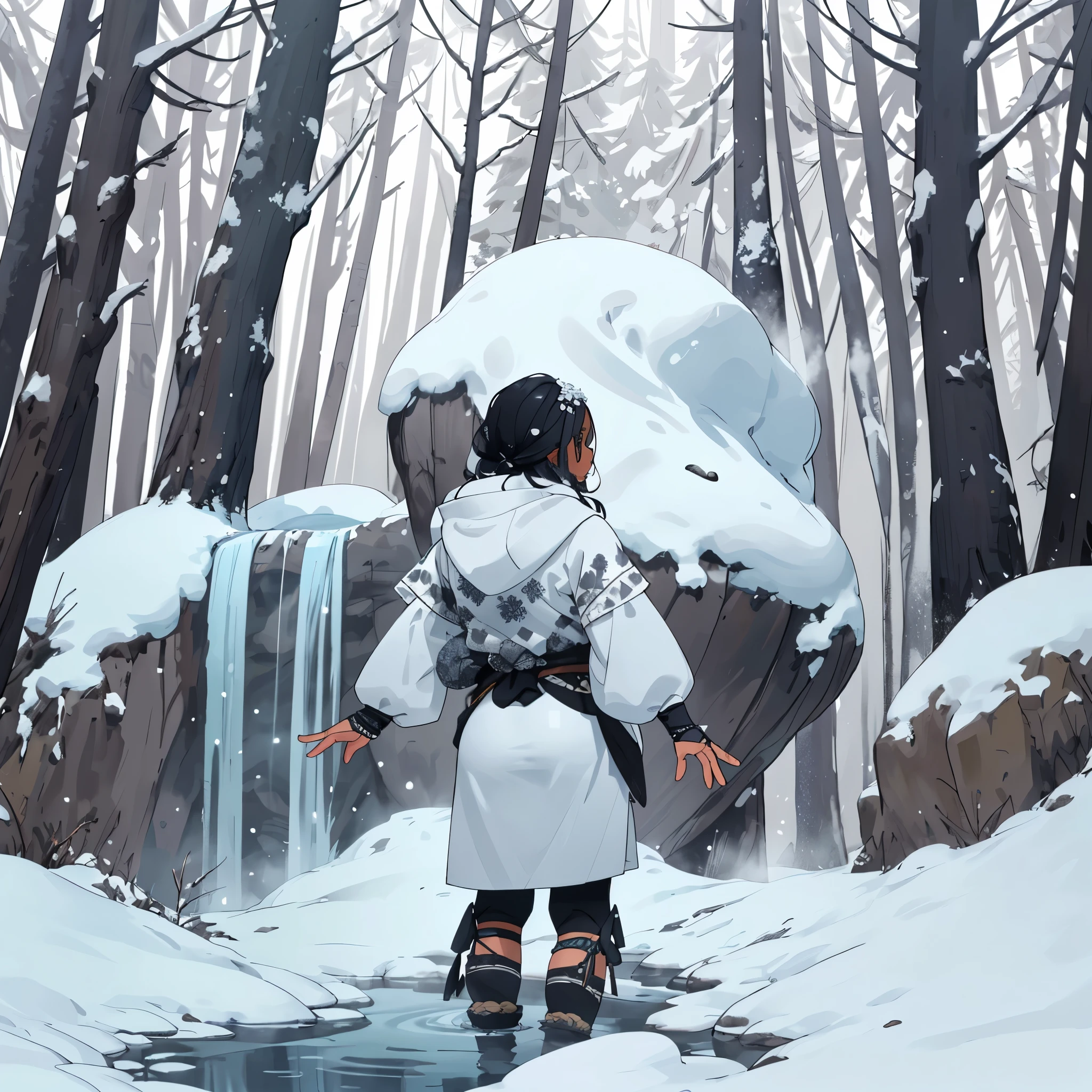 A tribal woman with black and white hair standing in a snowy forest near a hot spring.

Materials: Illustration, 

Additional details: Soft falling snowflakes, steam rising from the hot spring, a traditional tribal outfit with intricate patterns, a serene expression on the woman's face,farting,fart,bewitching thighs, exposed butt,beautiful butt,back view,looking at viewer,anus,dark skin,large butt,exposed butt

Image quality: (best quality:1.2), ultra-detailed, realistic

Artistic style: Fantasy, portrait, winter

Color palette: Cool tones, shades of white, hints of blue and gray

Lighting: Soft natural light filtering through the trees