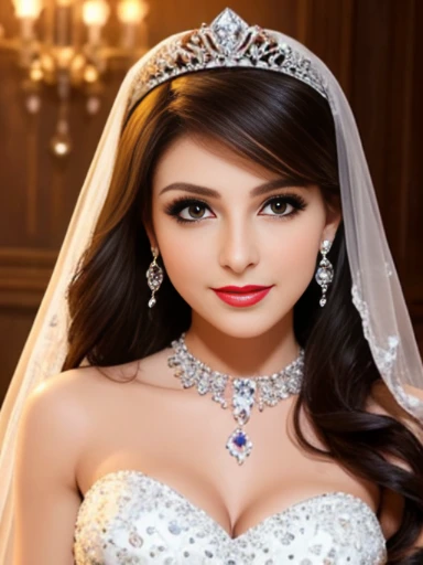 Lebanese lady, earrings, necklace, bracelets, diamonds, 40 years old, strapless wedding dress, tiara and veil, bouquet, western style wedding, bright colors, smokey eyes, red lips, glossy lips, cleavages, small chest, doll lashes, blushing, happy, eyeshadow, smiling, face covered with veil,