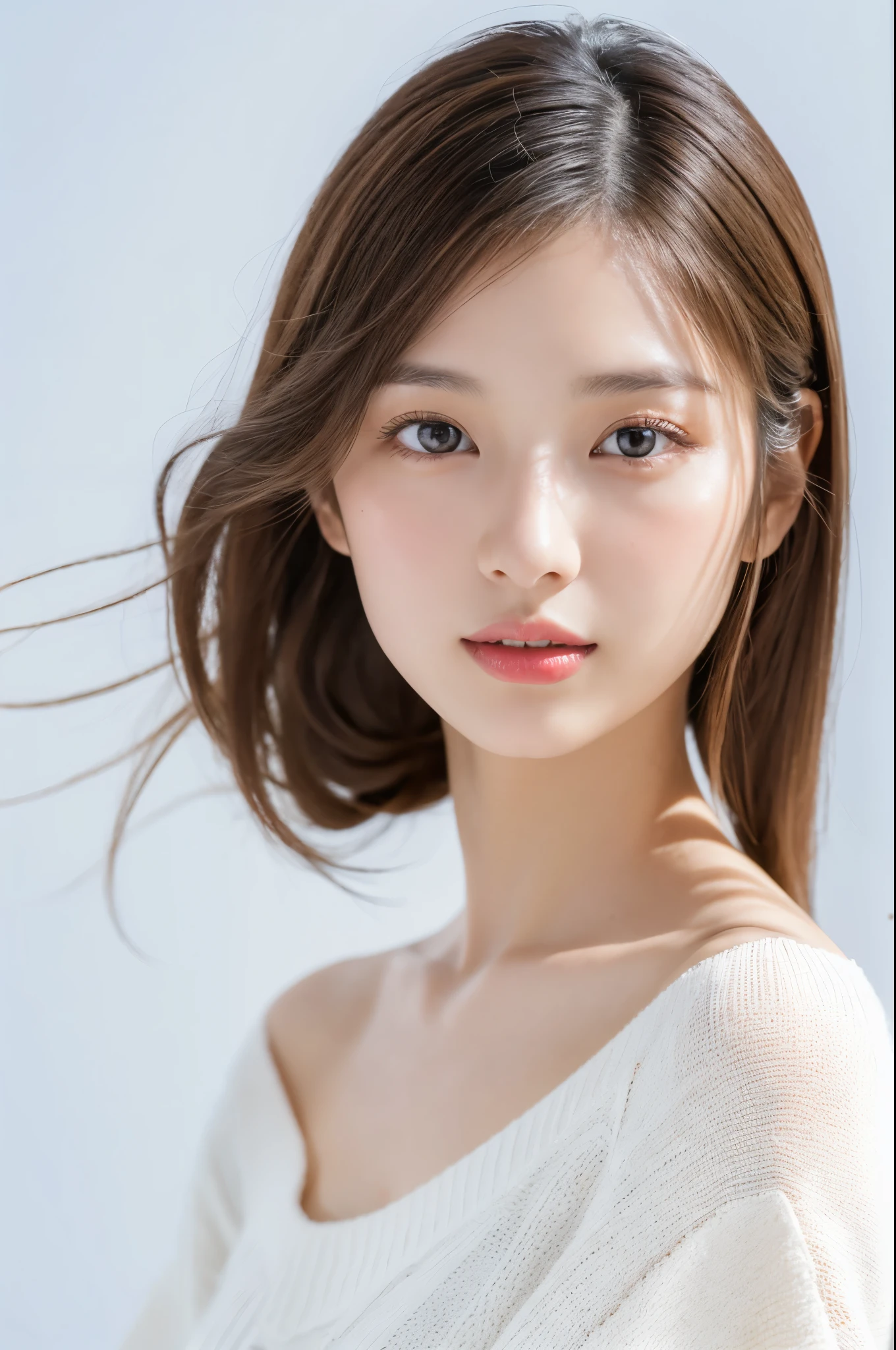 Young japanese lady, 30s, White background, It features a simple背景, white-brown hair, slender, 4K, in 8K, High quality, Beauty, Beautiful eyes, It features a simple, High resolution,1 person,Beautiful skins,Beautiful skin,wearing a white knit,Winters,lipsticks