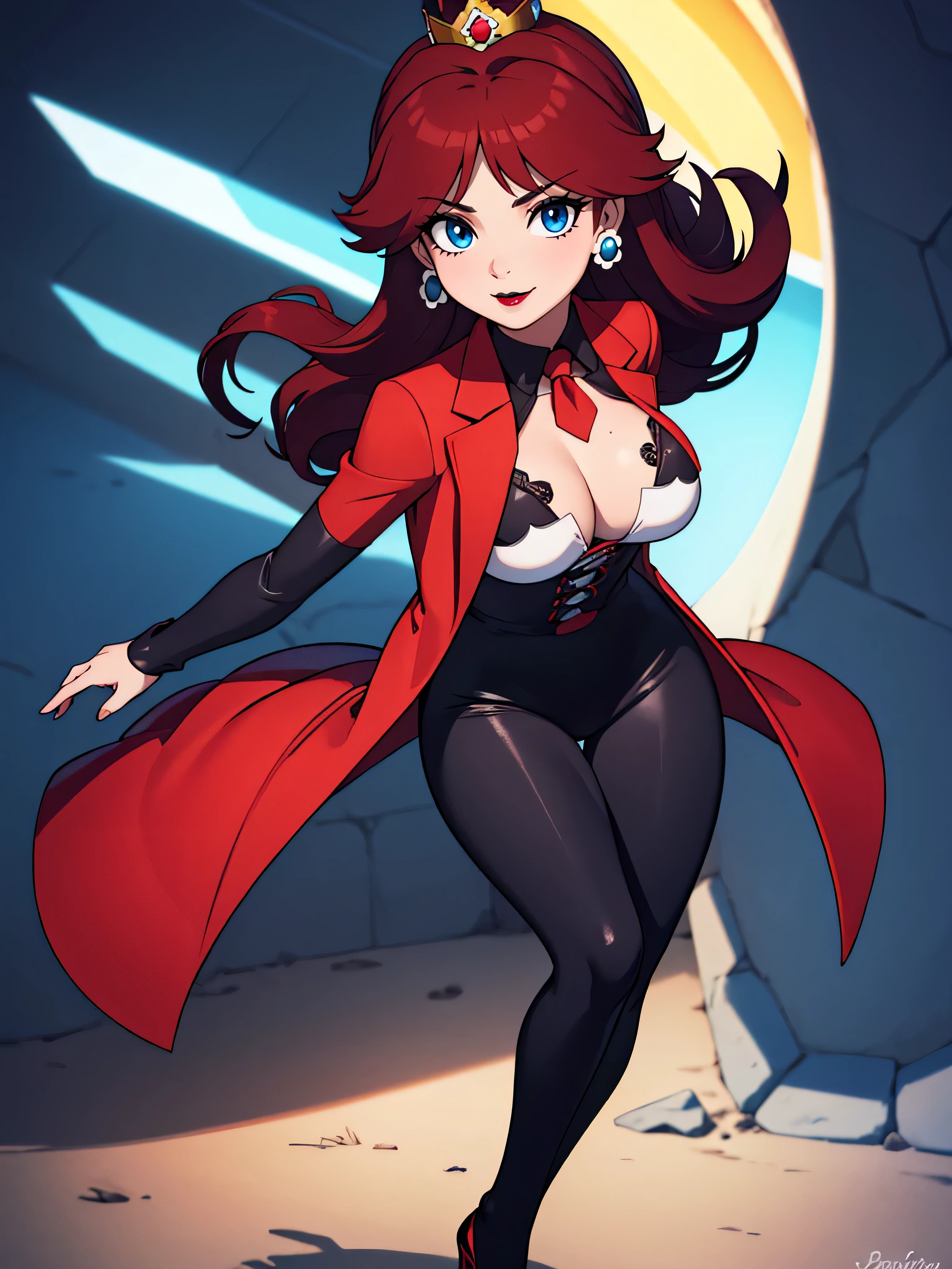 ((high detailed, best quality, 4k, masterpiece, hd:1.3)), Bank safe, Princess Daisy, neon blue eyes, BREAK blue eyes, seductive, attractive, sexy smile, smiling, smooth anime cg art, 36C breasts, long legs, vivid colors, detailed digital art, slim body, perfect skin, dark red hair, long hair, dark hair, red hair, BREAK crown, cleavage, 36C cleavage, looking at viewer, BREAK looking at viewer, extremely detailed face, red necktie, red skirt suit, red suit, red jacket, black shirt, red pencil skirt, full body, (red high heels), earrings, gem, dark black makeup lips, dark gothic eyeshadows, dark eyeshadows, black eyeshadows, black sexy lips, black lips, (dark:1.2), dark lips, very dark lips, (perfect hands, perfect anatomy), black makeup, black medium lips, black thick lips, detailed fingers, five fingers per hand, 5 fingers, (1 girl), detailed lips, detailed black lips, black painted lips, gothic painted lips, BREAK night, (breast focus), (arms outstreched:1.3), (breasts out:1.3),