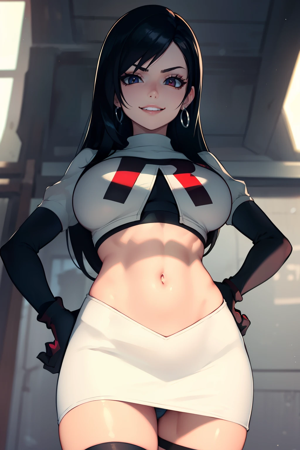 tifa ff7,glossy lips, light makeup, eye shadow, earrings ,team rocket,team rocket uniform, red letter R, white skirt,white crop top,black thigh-high boots, black elbow gloves, evil smile look, looking down on viewer, pantie shot, hands on hips