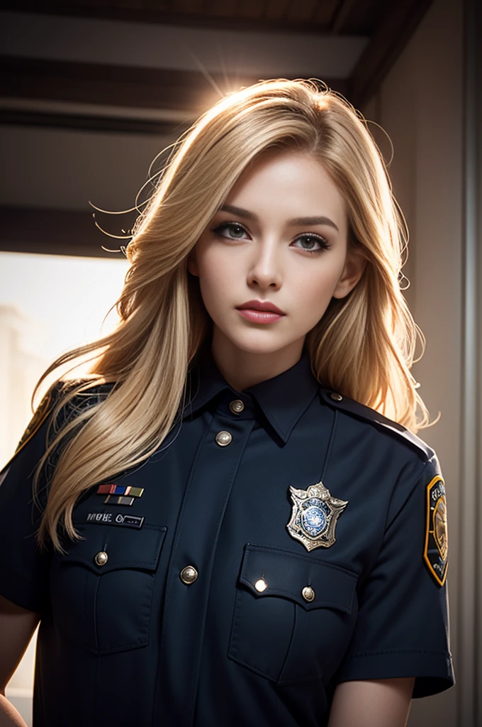 8K, Master piece, Raw photo, Best quality, Photorealistic, Highly detailed CG Unity 8K wallpaper, Depth of field, Cinematic light, Lens flare, Ray trace, (Extremely beautiful face, Beautiful lips) , Beautiful eyes) (Extremely beautiful face, beautiful lips) Rear view, full body portrait, long blonde hair, Police officer costume (just like a police officer)