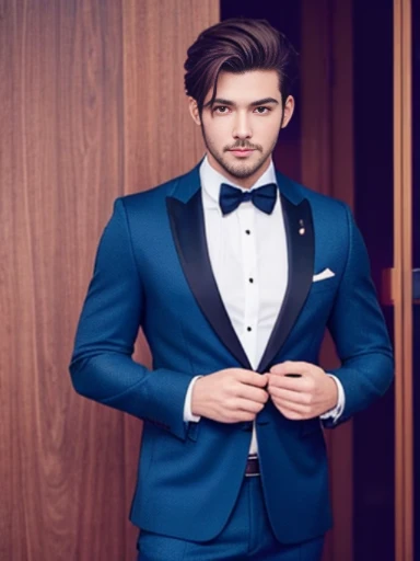 Handsome boy, brunet, pale skin, thick brows, suits, wealthy, fit, blue eyes, 25 years old,  facial hair, groom, happy,