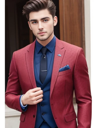 Handsome boy, brunet, pale skin, thick brows, suits, wealthy, fit, blue eyes, 25 years old, facial hair, groom, happy,