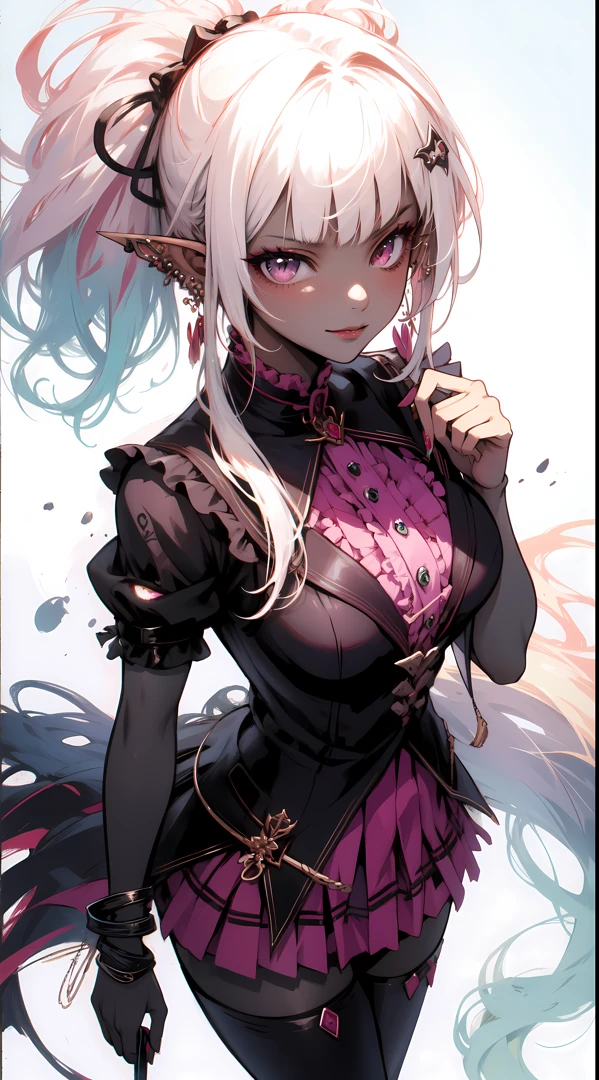 (masterpiece, top quality, best quality, official art, beautiful and aesthetic:1.2), ((dark elf)), ((1girl)), extreme detailed,(fractal art:1.3), colorful, highest detailed, ((from above)), Cowboy shot, art by Artgerm, by wadim kashin, by Kawacy, by Yoshitaka Amano, BREAK, (dark elf), (1girl), solo, perfect face, details eye, Blunt bangs, white hair, (hair between eye), eyelashes, eyeshadow, pink eyeshadow, (dark skin:1.3), glaring, smile, Head tilt, BREAK, corsages, jirai kei, (jirai kei fashion:1.1), Frills, Skirts, Various accessories, (ear piercing), punky style, Japanese subculture, fashion, Stockings, colorful, (Dark circles:1.2),