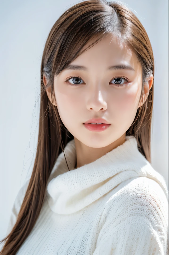 Young japanese lady, 30s, White background, It features a simple背景, white-brown hair, slender, 4K, in 8K, High quality, Beauty, Beautiful eyes, It features a simple, High resolution,1 person,Beautiful skins,Beautiful skin,wearing a white knit,Winters,lipsticks