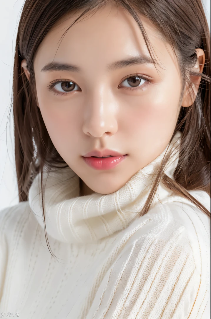 Young japanese lady, 30s, White background, It features a simple背景, white-brown hair, slender, 4K, in 8K, High quality, Beauty, Beautiful eyes, It features a simple, High resolution,1 person,Beautiful skins,Beautiful skin,wearing a white knit,Winters,lipsticks