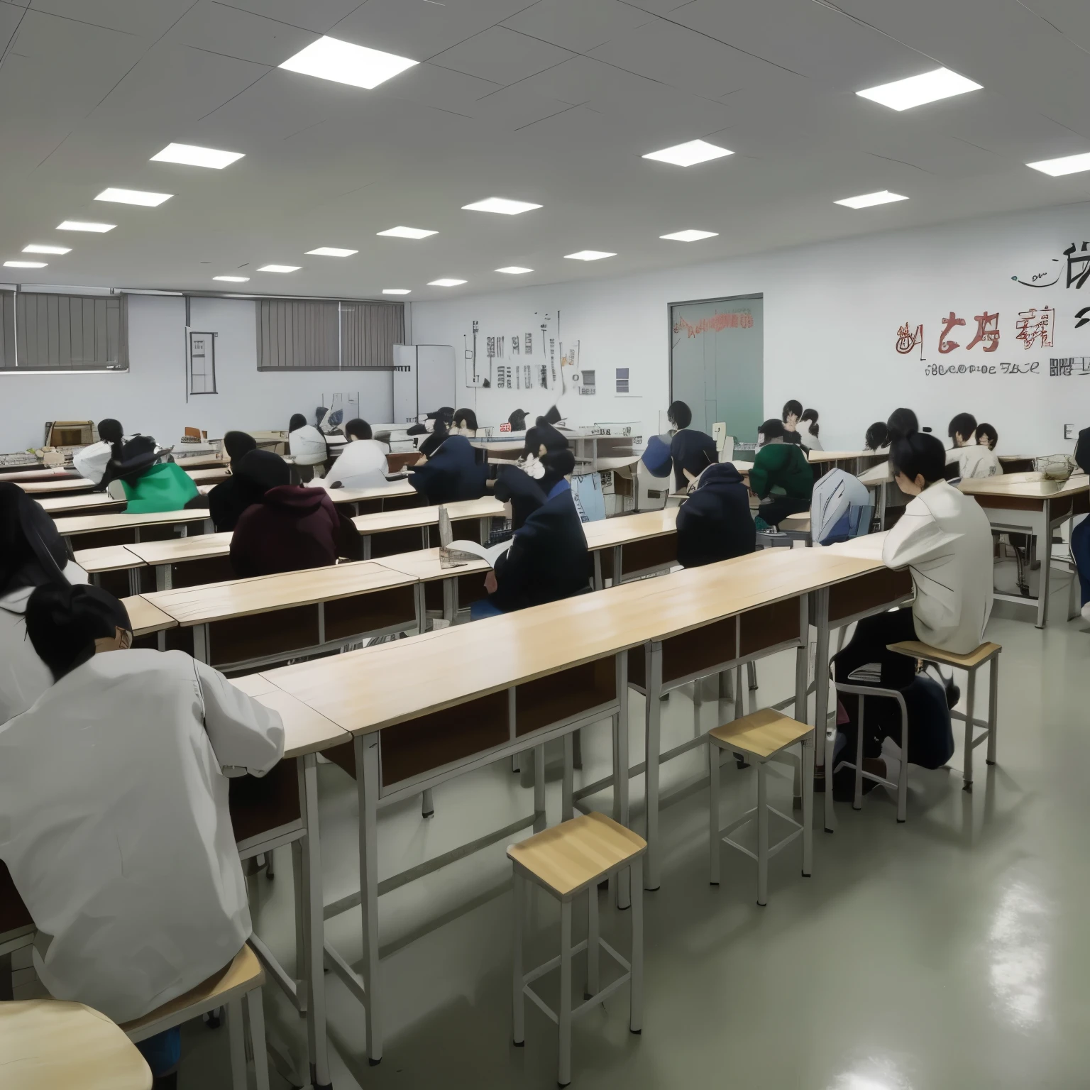 there are many people sitting at table in a ‎Classroom, people sitting at table, studying in a brightly lit room, typical anime ‎Classroom, college, pupils, people inside eating meals, in a ‎Classroom, sitting in the ‎Classroom, Rows of canteens in the background, ‎Classroom in background, author：Zhang Chengye, at college, Competition wins, ‎Classroom, 8K))add some people