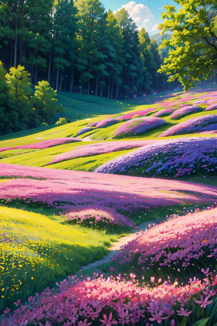 A vibrant spring landscape, bursting with new life and color. Rolling hills are covered with a carpet of green, dotted with delicate wildflowers in shades of pink, purple, and yellow, volumetric lighting