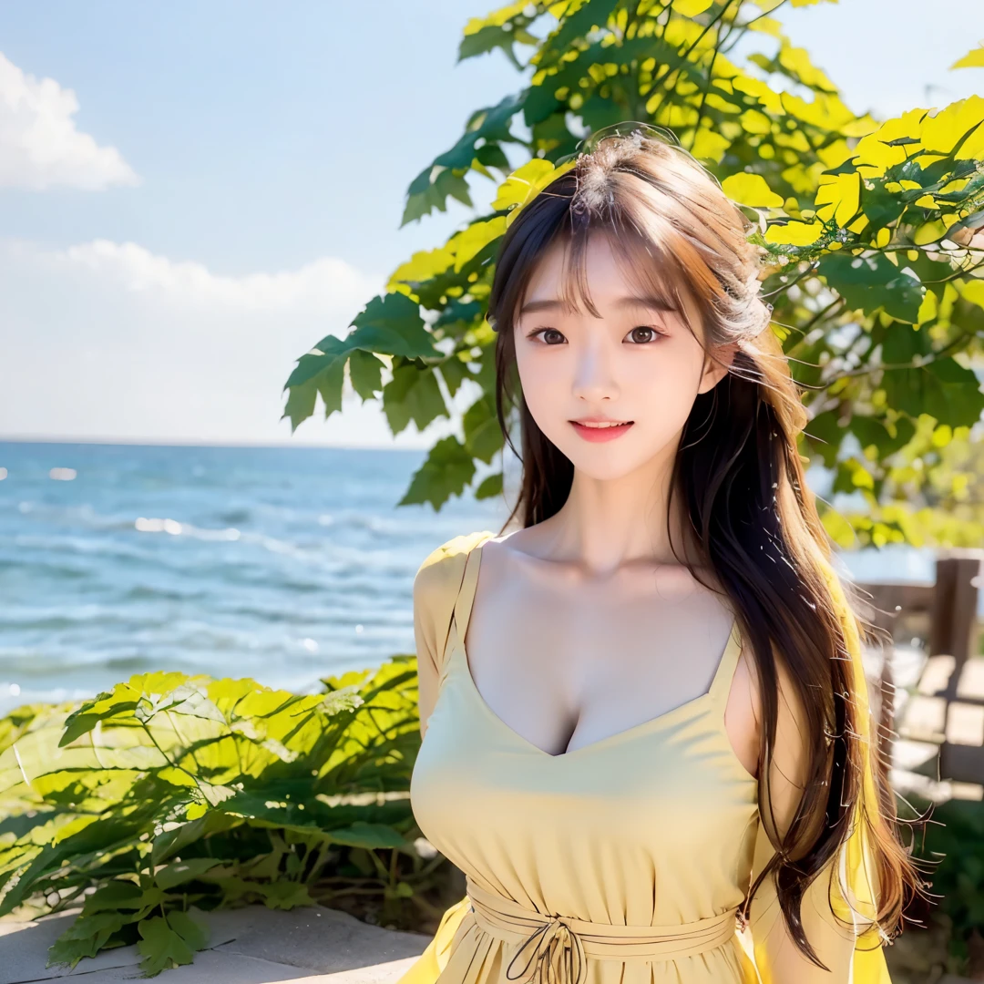 There is a beautiful girl wearing a yellow hotter neck dress and walking down Hu Street during the day