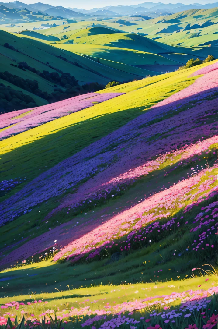 A vibrant spring landscape, bursting with new life and color. Rolling hills are covered with a carpet of green, dotted with delicate wildflowers in shades of pink, purple, and yellow, volumetric lighting