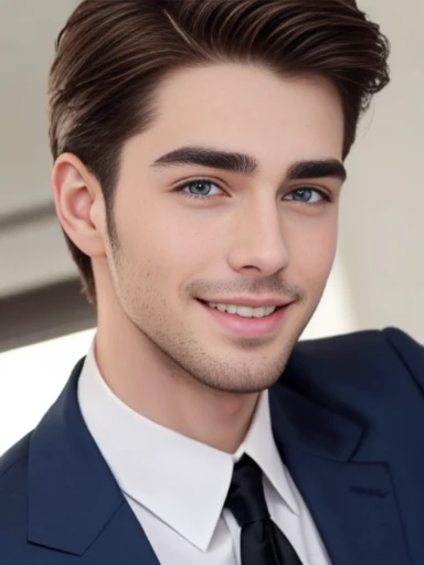 Handsome boy, brunet, pale skin, thick brows, suits, wealthy, fit, blue eyes, 25 years old, facial hair, groom, happy, smiling