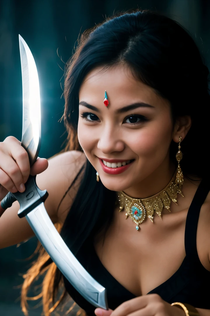 hyper ultra realistic photographs full body of A mischievous glint dances in her eyes as she outwits a seasoned warrior, her playful smirk belying the lethal precision of her blade. ratio 16:9, 4k, 8k resolution, High quality photo, high detailed images