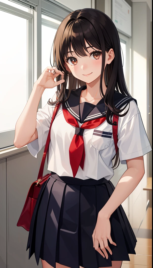 1girl in、A smile、High 、校服、skirt by the、serafuku、summer clothing、(small tits)、(Upper body portrait)、