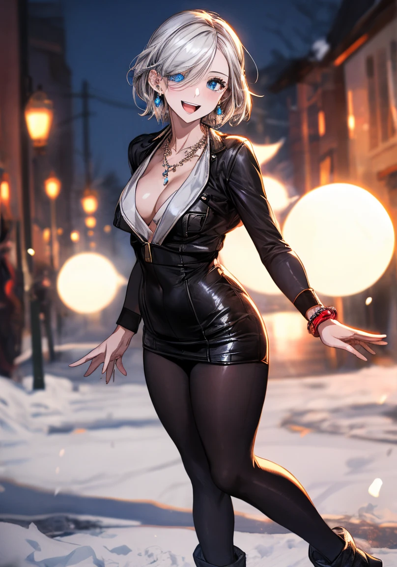 (masterpiece, best quality:1.2), (high resolution, 8K RAW photo, photo realistics, clear focus, weak outline:1.3), (natural lighting, textile shading), pov, (solo:1.5), 1 matured woman, 24 years old, (milf:1.5), ((nfsw:1.5, fuge :1.3, sagging , big ,  cleavage, harass )), ((Bright beautiful eyes:1.3)), cute girl in winter clothes throwing snowballs, Snowballs fighting, floating snowballs, in the snow, (looking at viewers, with smiling), raised , (little opening mouth:1.3), light purple mesh in silver hair, medium short hair, hair over one eye, asymmetric hair, half updo hair, side rock, blue eyes, (Luxury detailed accessories, necklace, earrings, Bracelets), bokeh, dynamic angle, leaning forward:1.2, close-up face:1.5, full body, from below:1.2, (correct :1.6, ideal ratio of body proportions, correct hand:1.5, small hands),