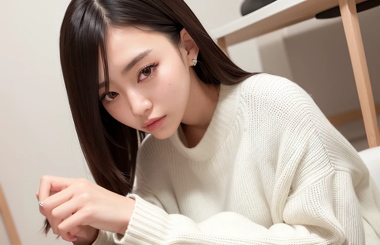 A woman in a white sweater and black boots sits on a stool, Korean girls, Bae Xiuzhi, Beautiful Asian Girls, gorgeous young korean woman, Beautiful girl model, beautiful young korean woman, young and cute girl, ulzzangs, model in Japan, young asian girl, cute young woman, Korean female fashion model, Attractive girl, Beautiful model girl