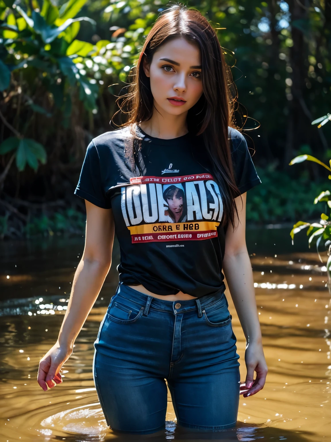 Psychological thriller, The woman, in full height, Drowning in an ankle-deep swamp, in jeans and a T-shirt, Flares on jeans, Indulgence in a shameful fetish. stands, in full height, in dirty water, with a sharp face and. Pale skin of a woman contrasts with a gloomy background. natural skin textures, Detailed eyes and lips, Strong emotions